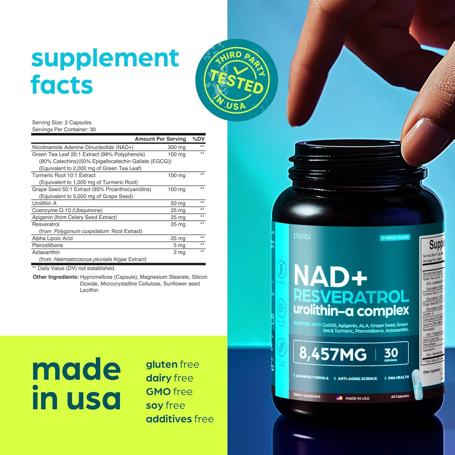 NAD Supplement 8,457 mg Extra Strength Liposomal, Green Tea + Astaxanthin for Women & Men, Resveratrol, CoQ10, Alpha Lipoic Acid