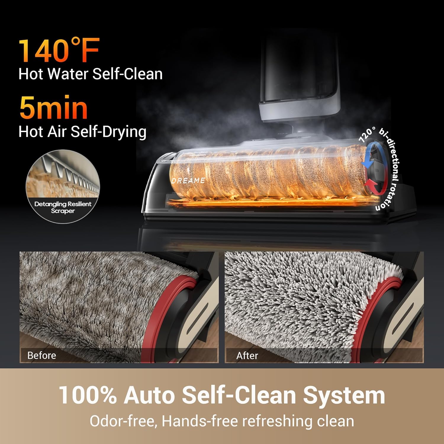 dreame H14 - Trapeador inalámbrico para aspirar en seco y húmedo de 180°, lavado con cepillo de 140 °F, secado rápido con aire caliente en 5 minutos, máquina inteligente de limpieza de suelos duros